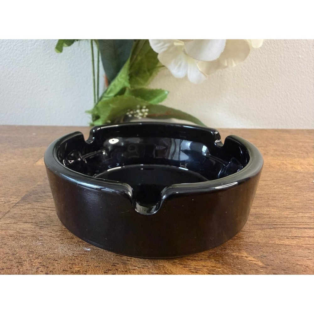 Vintage Black Amethyst Glass Ashtray Round 4 Cigarette Rests Retro Pressed Glass